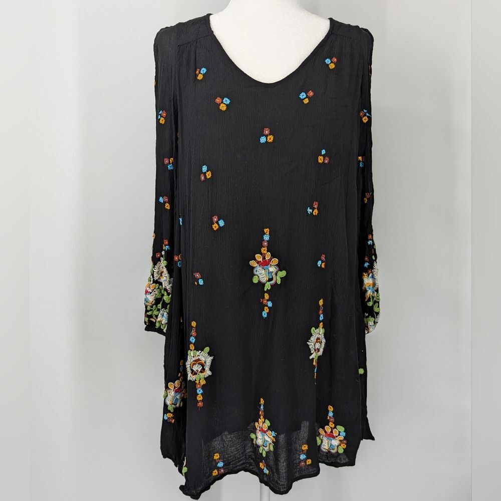 Free People Black Long Sleeve Mini Dress Multicolor Floral Embroidered Small